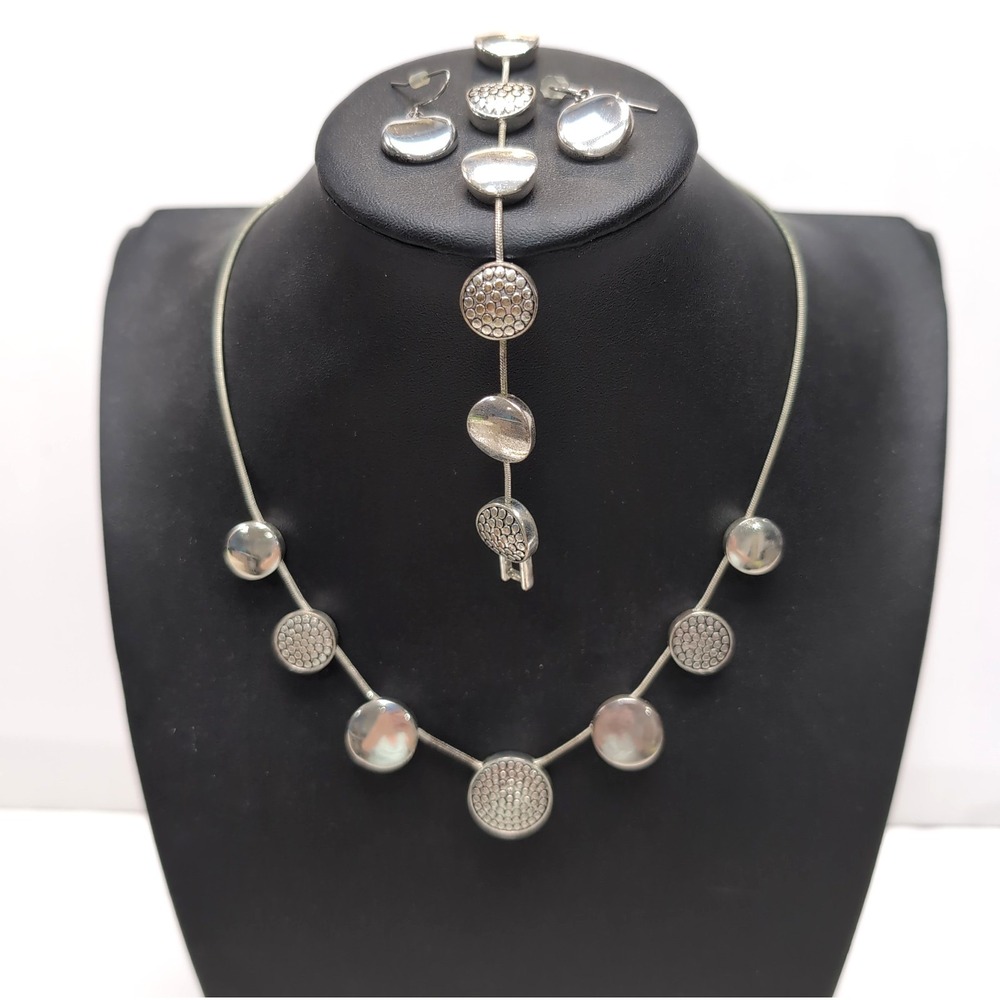 Vtg 3 pc Necklace Bracelet Earrings Set Silver Tone Smooth Textured Round Discs